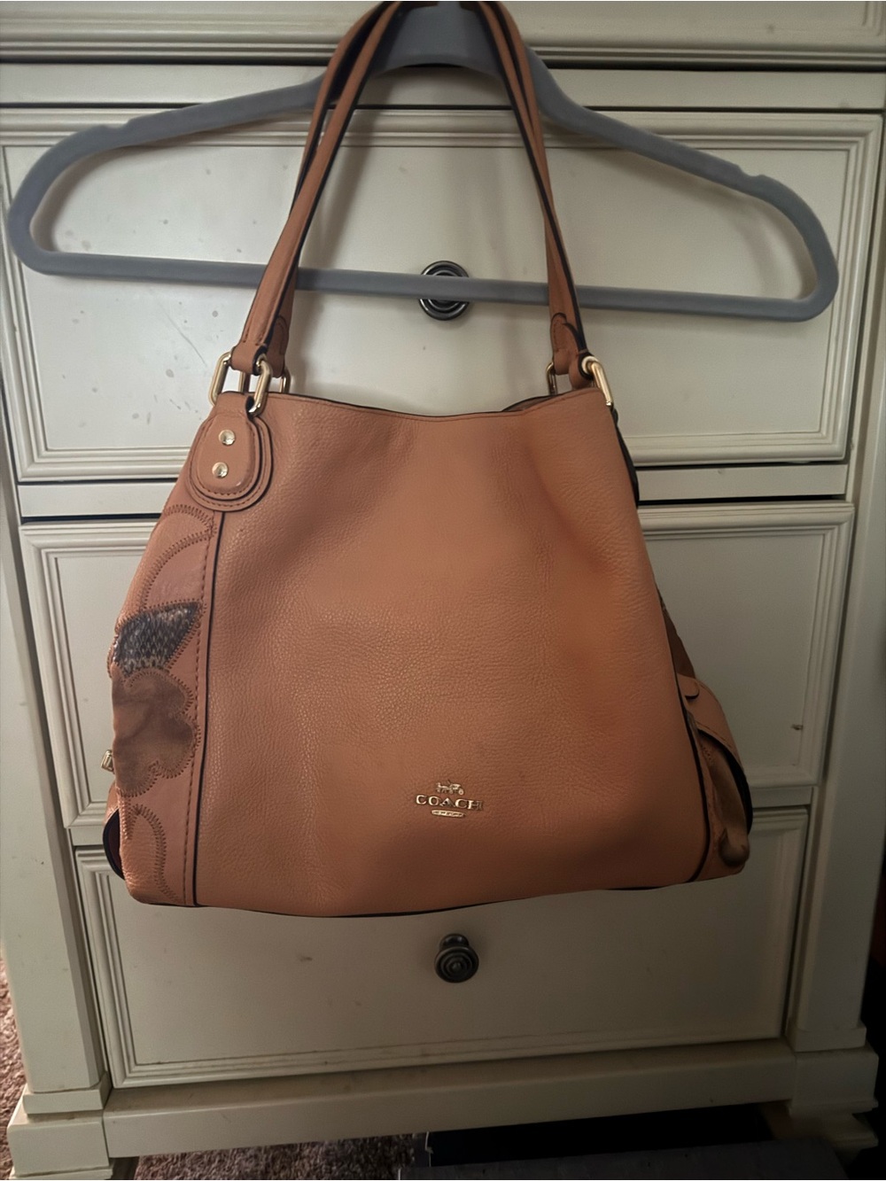Coach 24966 Camel Leather Floral Patchwork Hobo Shoulder Bag Large